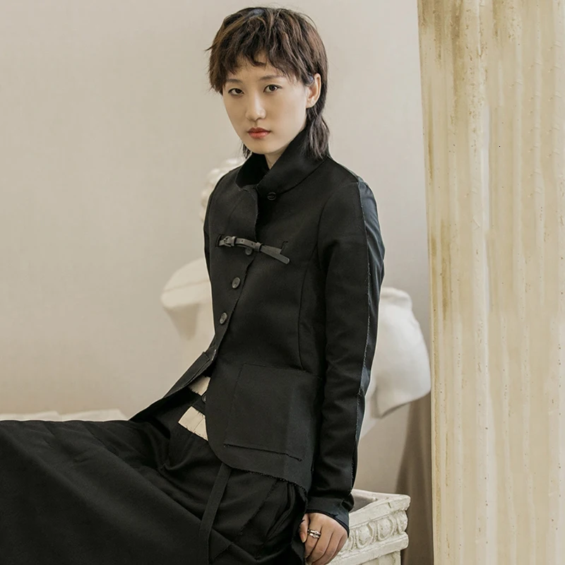 [EAM] Свободная приталенная куртка черного цвета, новинка, Женское пальто с длинным рукавом и стоячим воротником, модное осенне-зимнее пальто, 1B750