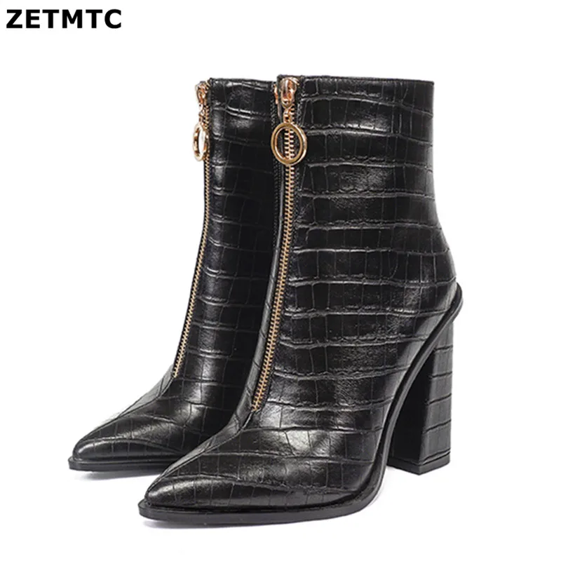 

Women Ankle Boots Chunky Heel Zip Shoes Comfortable Female Pointed Toe Shoes Retro Spring Stone Pattern PU Leather Free Return 9