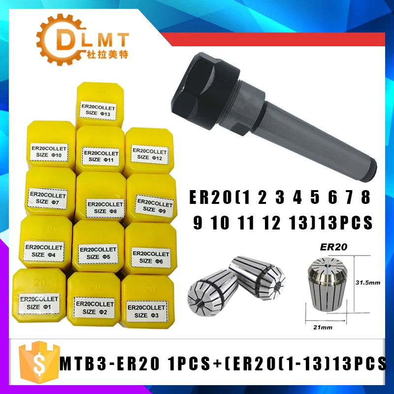 

1PCS handle MT3 ER20 MTB3 ER20A M6 Morse#3 taper holder collet chuck+13pcs spring collet 1/2/3/4/5/6/7/8/9/10/11/12/13MM
