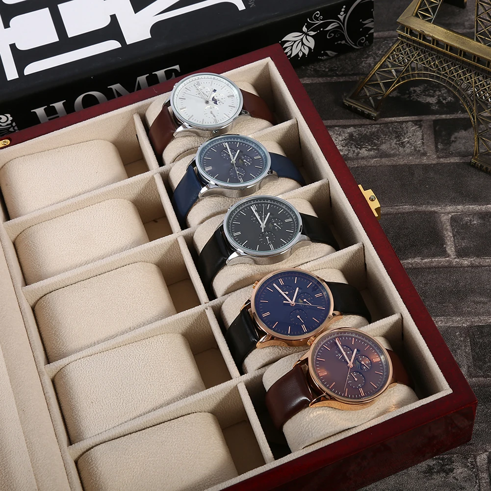 Роскошные 10 сетки деревянные наручные часы Дисплей Коробка для хранения ювелирных изделий Органайзер Чехол ювелирные изделия Наручные часы Чехол держатель дисплей хранения