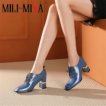 

MILI-MIYA New Arrival Patent Leather Women Pumps Square Toe Lace Up Blue Color Crystal High Heels Party Shoes For Ladies