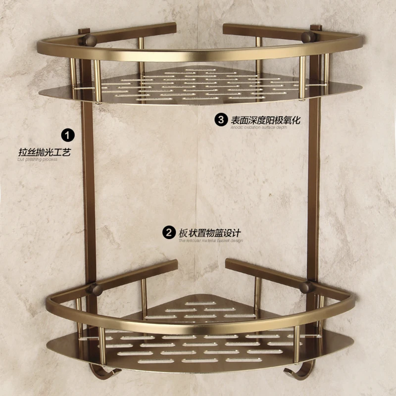 Античная бронза для ванной двухслойная корзина угловая полка треугольная стойка для душа, алюминиевый европейский стиль аксессуары для ванной комнаты