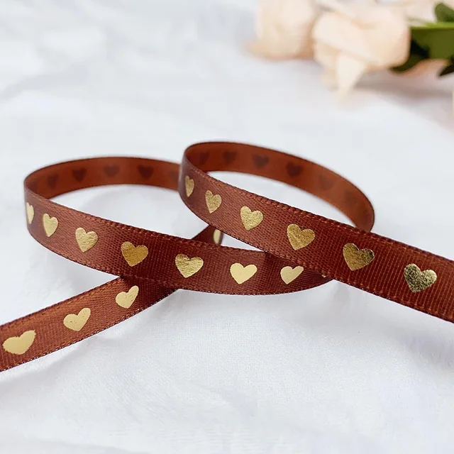 5 Yards 10mm Satin Ribbons Heart Pattern Printed Ribbon For Crafts DIY Bow Handmade Gift Wrap Party Wedding Christmas Decor Brown