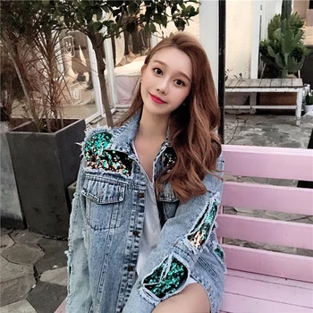 

Modis holes sequins denim jacket Korean loose jeans jacket women Punk style jackets 2019 autumn new arrival chaqueta mujer