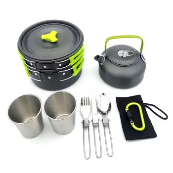 

10Pcs Camping Cookware Mess Kit Lightweight Pot Pan Kettle with 2 Cups Fork Knife Spoon Kit for Backpacking, Outdoor Camping