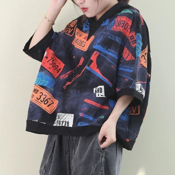 

[EWQ] 2020 Spring Summer New Hooded Collar Short Sleeve Letter Print Patchwork Pullovers High Street T-shirt Women 3AJ049