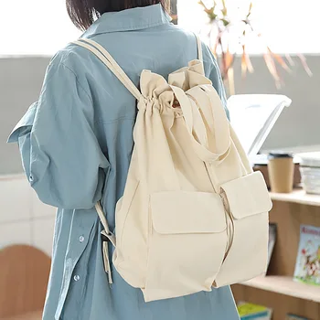 

Teenager Korean Fashion Flap Pack Packback Female Casual Canvas Fabric Portable Personalized Daily White Drawstring Bagpack Bag