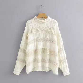 

ZA style autumn winter women's Warm tops white knitted lace sweater see-through women pullover casual lady pull woman jumper