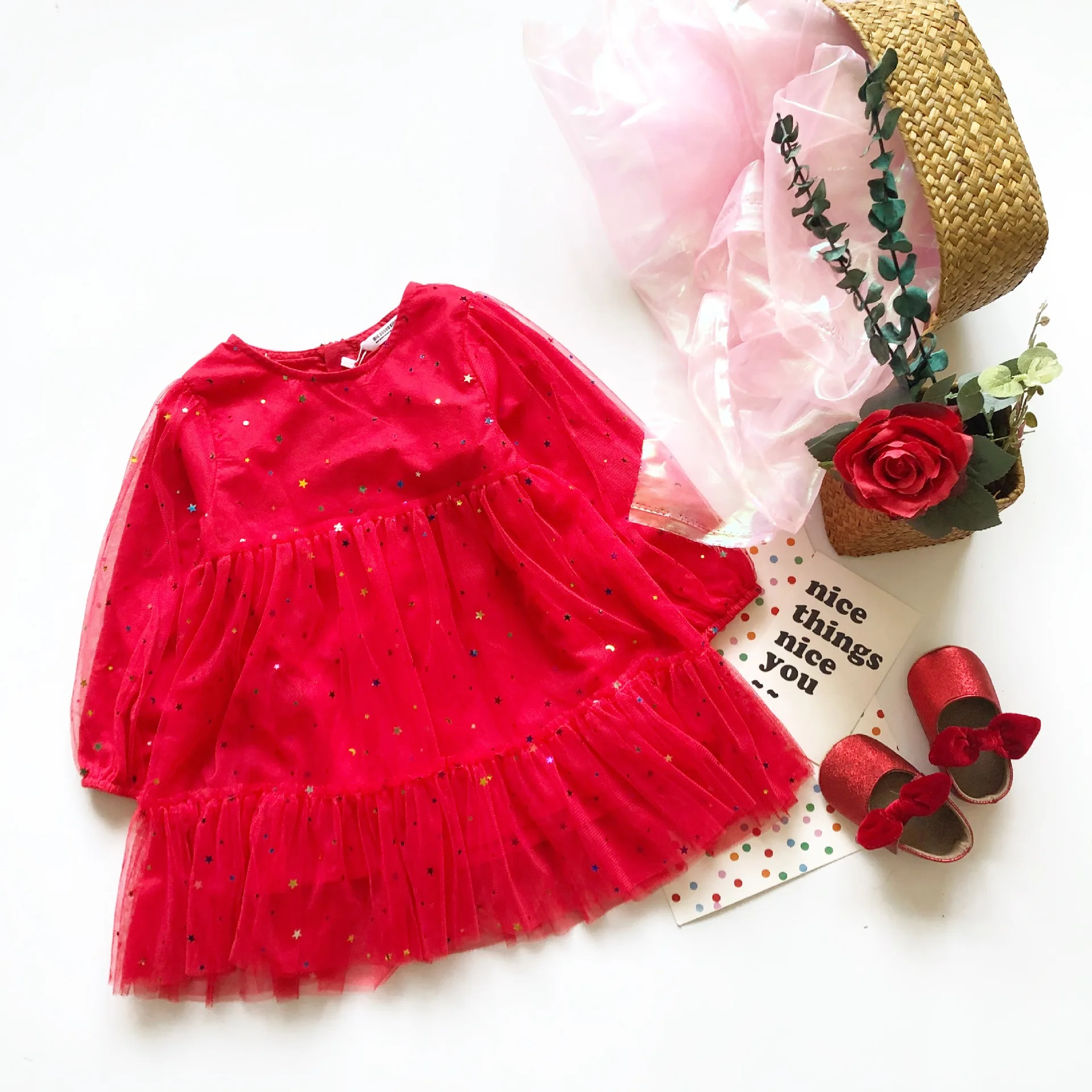 

Tonytaobaby Spring Girl Dress Red Mesh Dress Star Shimmering Doll Princess Long Sleeves Girls Dress