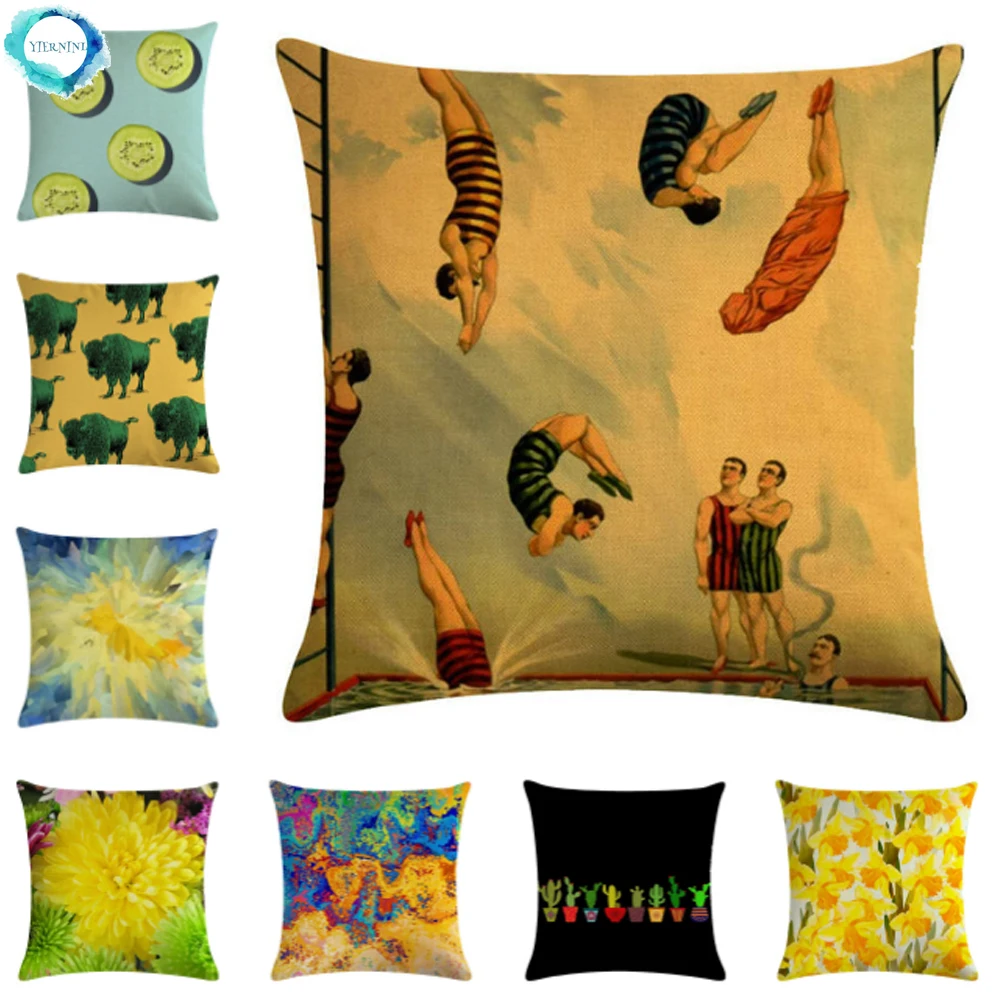 

Cartoon Creative Art Pattern Decorative Cushion Cover Bull Cactus Cotton Linen Pillow Case Sofa Home Decoration Pillow Cover