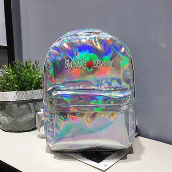 

Women School Shiny Laser Mini Travel Student Cute Ladies Leather Hologram Backpacks Silver Small Holographic Backpack