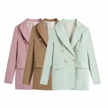 XNWMNZ Za abrigo informal de oficina para mujer, chaqueta de manga larga con doble botonadura, Blazer decorativo con bolsillo, 2021