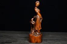 

9" China Lucky Seikos Boxwood Crane Girl Statue Ganoderma lucidum crane standing beside the beauty Beauty in Japanese Story