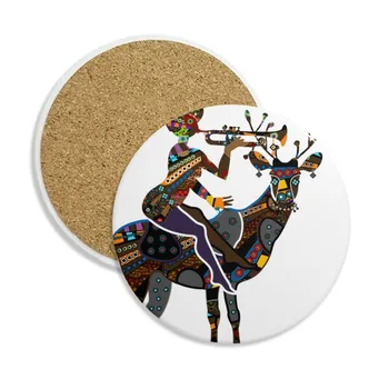

African Aboriginal Black Women Deer Trumpet Stone Drink Ceramics Coasters for Mug Cup Gift 2pcs