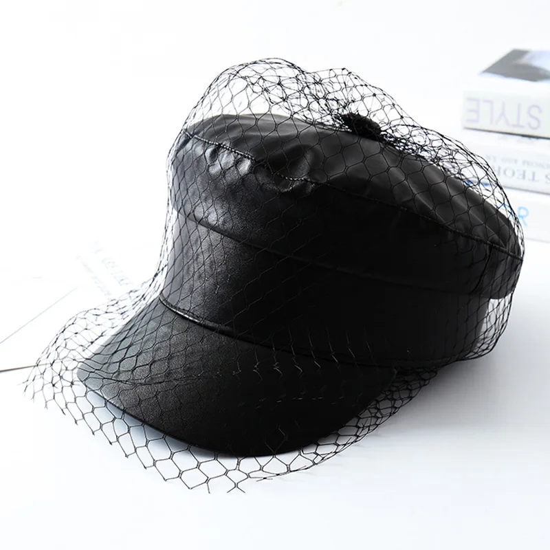 PU lace veil newsboy caps Fmale Flat top Mesh letter multiple styles