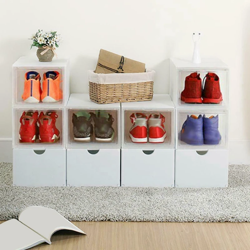 

Drop Front Entry Stackable Shoe Storage Box Bins Sneaker Boxes Organizer