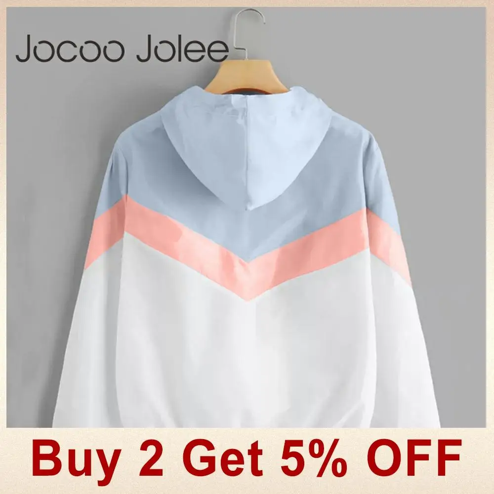 Jocoo Jolee, модная ветровка с капюшоном, куртка в стиле пэчворк, куртки для женщин, цветная куртка на молнии, осень, повседневные пальто, верхняя одежда