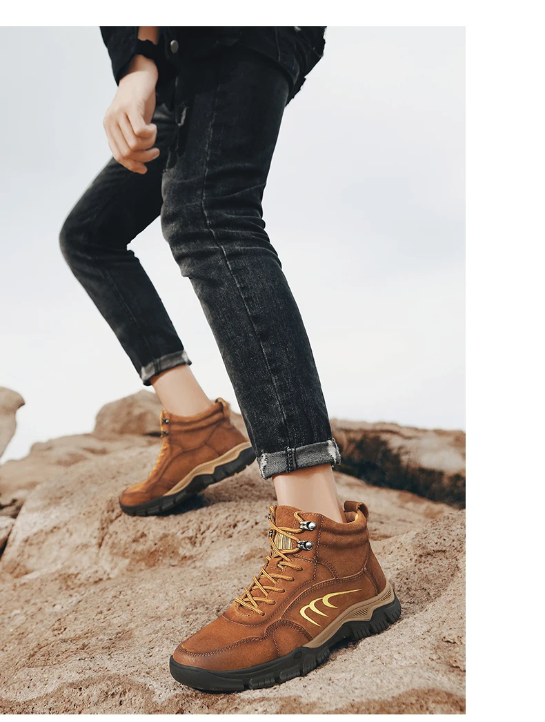 Leather Men Outdoor Hiking Boots Autumn Winter Mens Mountaineering Boots With Fur Trekking Hunting Sneaekrs Mens Trails Shoes
