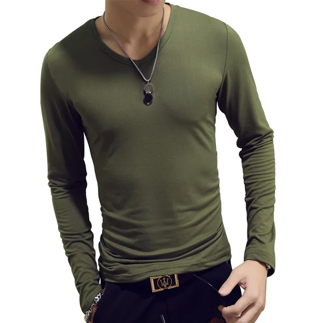 T Shirt Simple Long Sleeve Spring Autumn Morality Men's T-shirt Sets V-neck Solid Polyester White Grey Blue T Shirt Men Tees New Green V