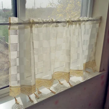 

1pc Home Decorative Kitchen Curtains with Tassels Simple Plaid Crochet Curtains for Cafe White Small curtains