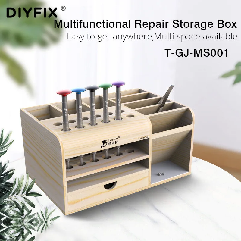 Beste Diyfix Multifunctionele Houten Opbergdoos Mobiele Telefoon Reparatie Desktop Storage Schroevendraaier Tweezer Magnetische Houder Onderdelen Doos Gereedschapskist