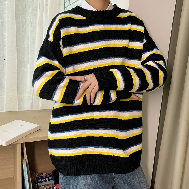 Winter Striped Sweater Men Warm Fashion Contrast Color Knitted Pullover Men Loose Knitting Sweaters Lovers Sweter Clothes M-2XL - Color: Yellow stripe