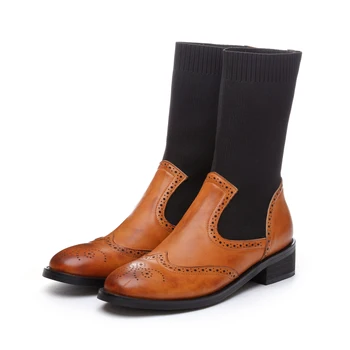 

Women's genuine leather Stretch knitting patchwork slip-on flats ankle boots carving retro vintage autumn short booties shoes