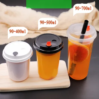 

50pcs High quality disposable milk tea cup 400ml 500ml 700ml cold hot drink plastic cups U shape disposoable coffee cup with lid