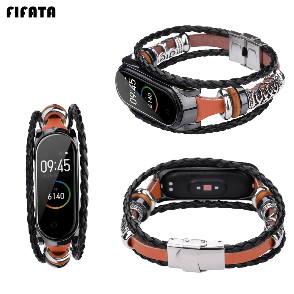 

FIFATA Vintage Leather Bracelet For Mi Band 4 Mi Band 3 Strap Retro Wristband For Xiaomi Mi Band 4 Weave Rope Bands For MiBand 4