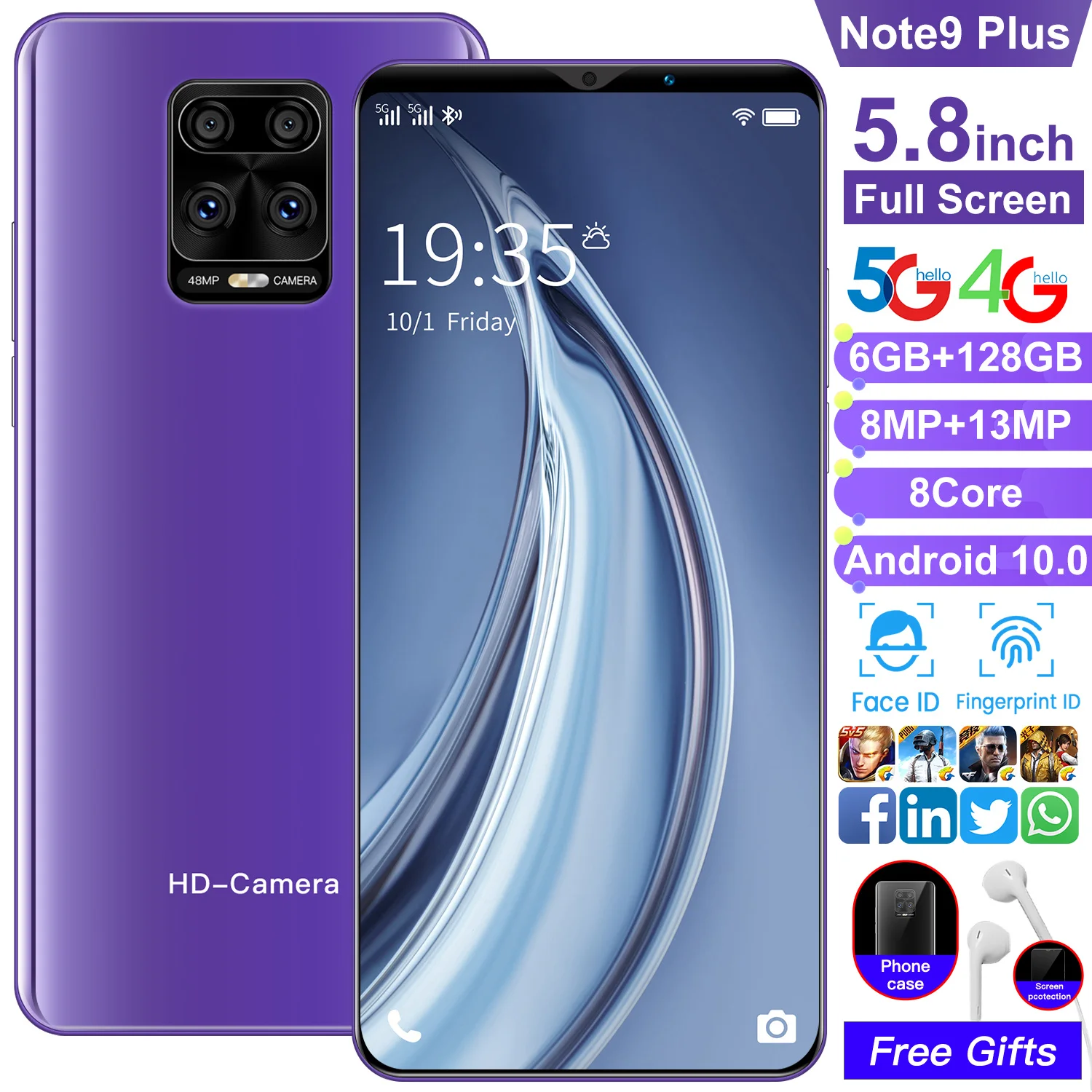 Note9 плюс 5 8 дюйма 64 Гб/128 ГБ дешевые Andriod телефон Процессор MTK6763 с распознаванием