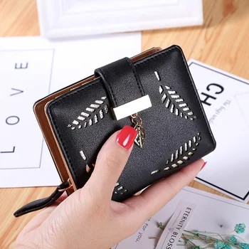 

Women Wallet 2020 Fashion Portable Money Coin Credit Card Holder Korean Style Short Zipper Buckle Hollow-out Leaf Female Purse