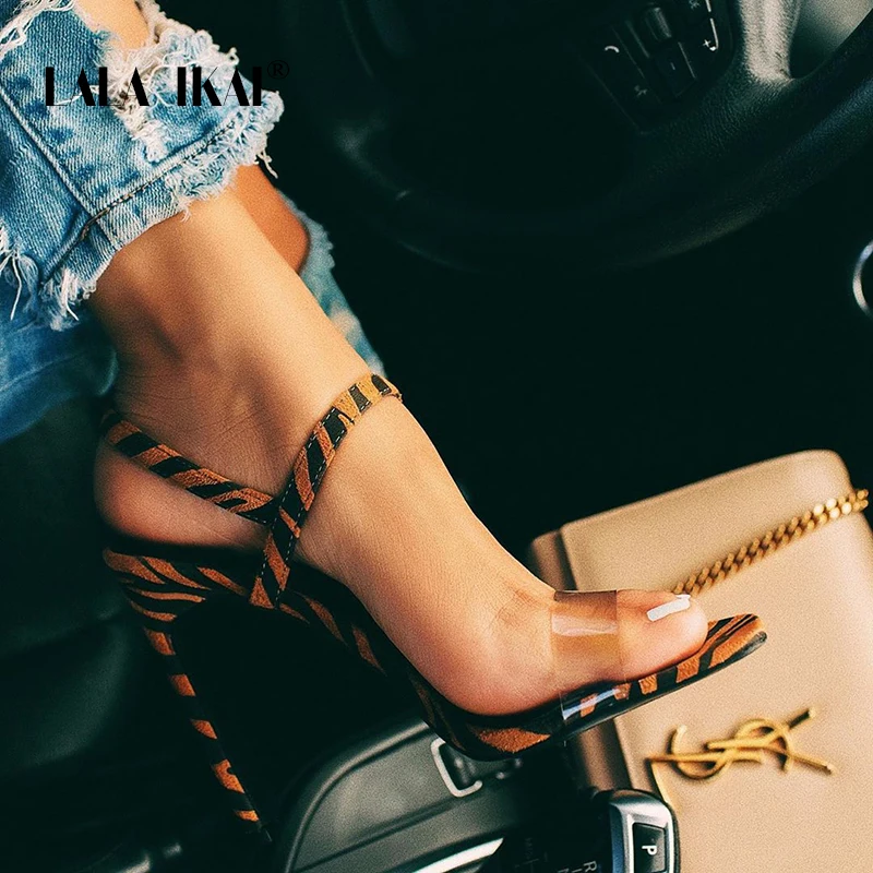 

LALA IKAI 2020 Summer New Women's Shoes Peep Toe High Thin Heels Mules Sandals Party Shoes Sexy Transparent Sandals XWC6654-4