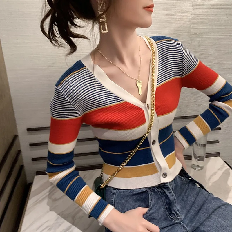 Women's Autumn Winter Casual Striped V-Neck Cardigans Sweaters Harajuku Single Breasted Japanese Loose Sweater |