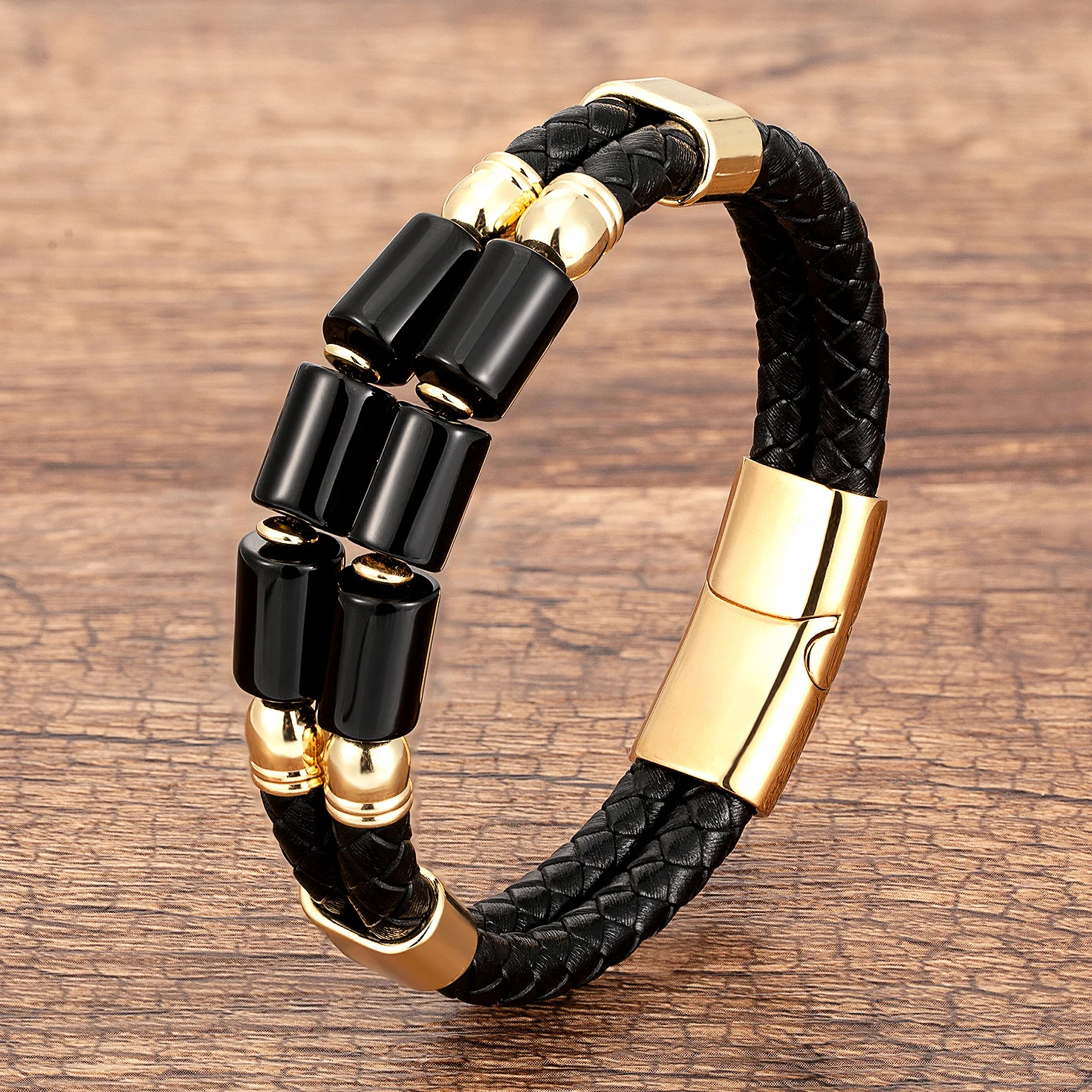 Luxury Double Row Stone Bracelets & Bangles Women Natural Beaded Bracelet Stainless Steel Clasp Multilayer Leather Men’s Jewelry