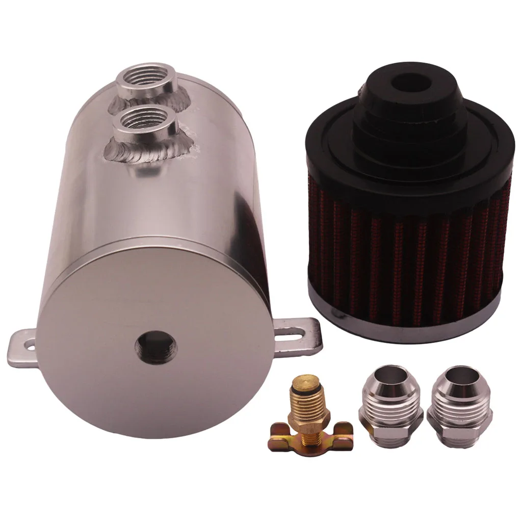 

500ML Aluminum Baffled Oil Catch Can With Drain Valve W/Filter 2 Ports 10AN Oil Coolant Fuel Overflow Tank