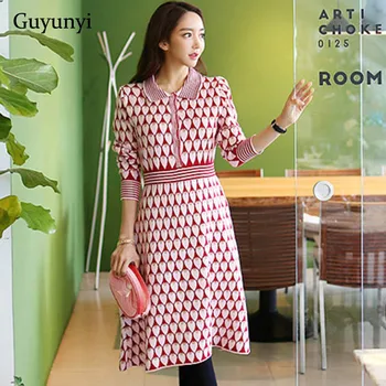

Heart Stripe Pattern Office Lady Dress Winter High Waist Knit Dress Long Sleeve Simple Comfortable Elegant Party Dress Women
