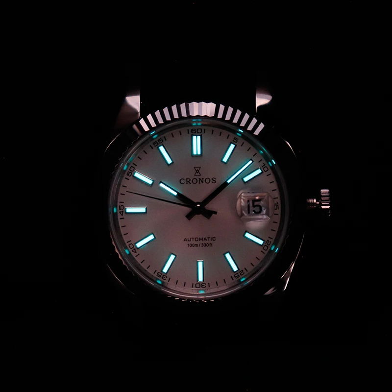 Cronos Date Luxury Dress Watch For Men Stainless Steel 5 Links Bracelet Copper-Nickel Platinum PVD Bezel 100m Waterproof
