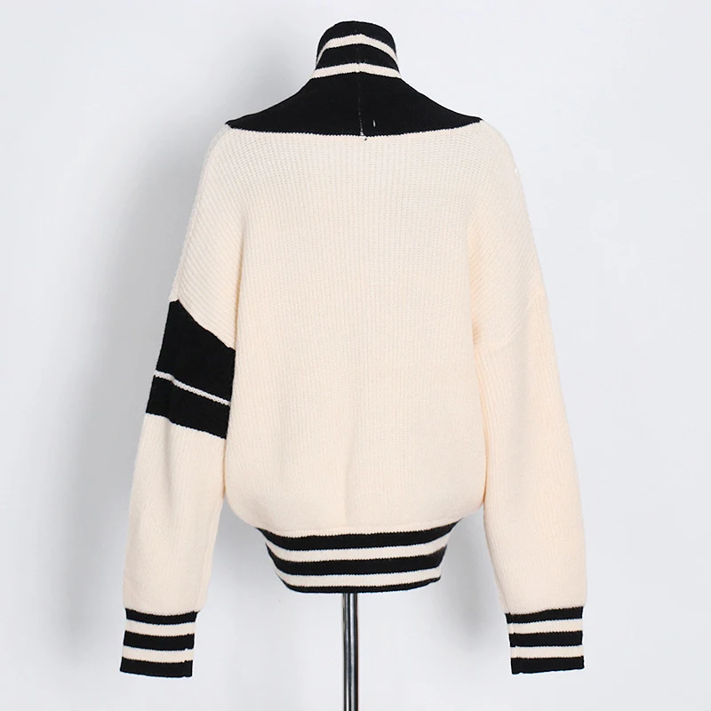 ECRURANI Patchwork Casual Coat For Women V Neck Lantern Long Sleeve Hit Color Button Coats Female 2022 Spring Clothing New Style
