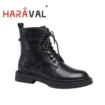 

HARAVAL 2020 Women Martin Ankle Boots Lace Up Basic Type Solid Black Women Winter Shoes Flat Elegant Fashion Soft For LadyE128L