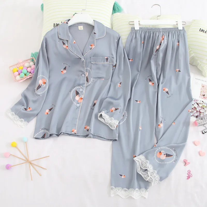 

Pajama Suit Women Spring Cute Printed Ice Silk Lace Women's Casual Cardigan Pajamas Sweet Long-sleeved Suit Home Clothes
