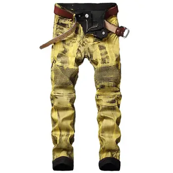 

Idopy Men's Biker Jeans Gold Silver Coated Painted Waxed Motorcycle Denim Trousers For Male Plus Size 28-40