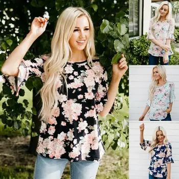 

New Women Maternity Boho Floral T-Shirt Cotton Flare Sleeve Baggy Clothes For Pregnant Women Tops Plus Size