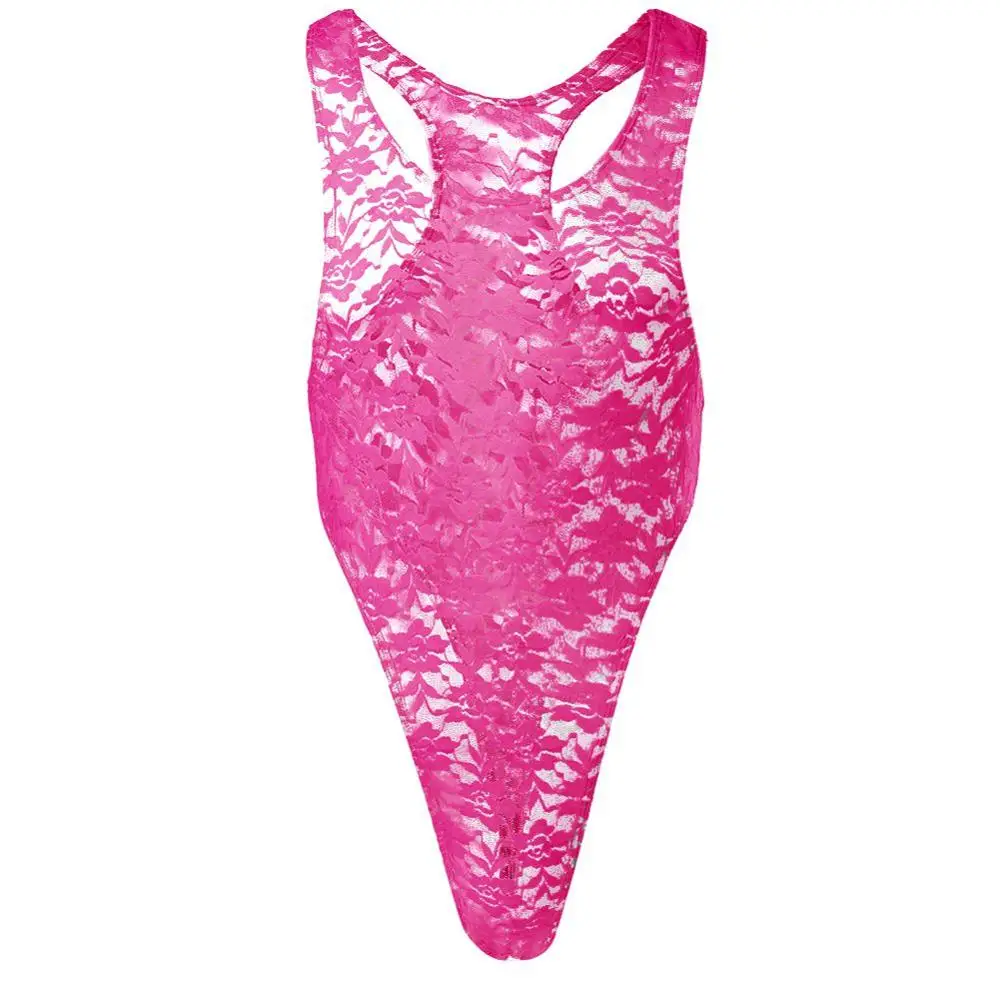 Rose Red Men Sissy Bodysuit Underwear High Cut Hallow Lace Sheer Leotard Thong Lingerie One-piece Bodysuit Jumpsuit Wrestling Singlet - Color: Rose Red