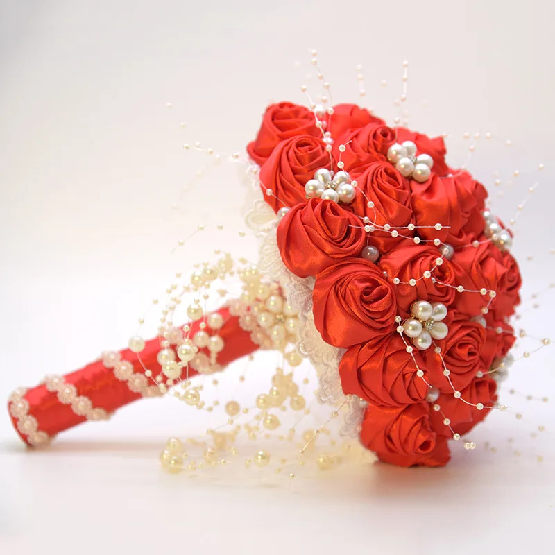 Kyunovia, бордовые шелковые розы, потрясающие жемчужные бусинки, букет невесты, Свадебный букет невесты, ramo de novia,, BY53 - Цвет: Red