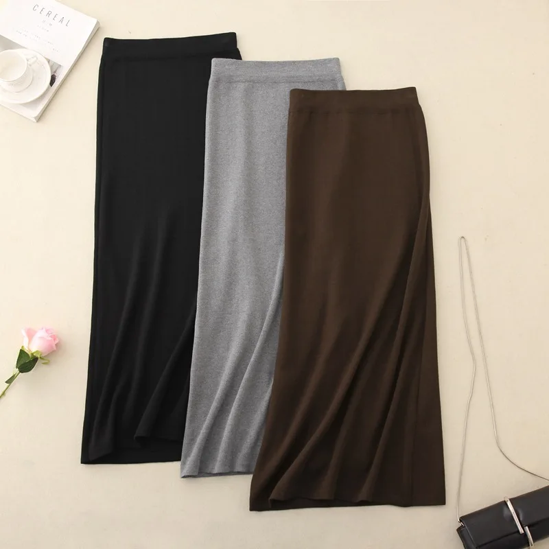 YAYEYOU/Новинка года; сезон осень-зима; 3 цвета; Женская прямая трикотажная Однотонная юбка до середины икры; Повседневная Высокая талия; для отдыха