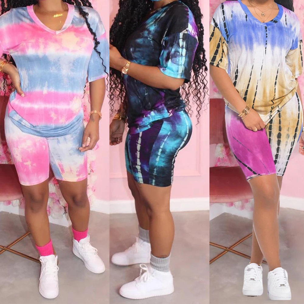 Fashion Tie Dye Printed Casual Shorts and Top Set Female Loose Tracksuits Womens Harajuku 2 Pieces Outfits Summer Streetwear Q30 | Женская