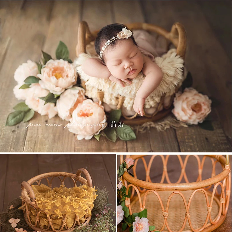 Newborn Photography Props Blanket Basket Vintage Baby Shooting Props Children Rattan Basket Baby Photo Props Woven Accessories  