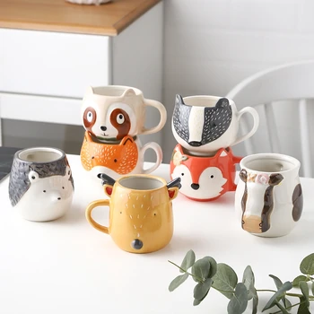 

Cute animal cup hand painted relief underglaze ceramic mug Mug cute cup fox hedgehog cow cup