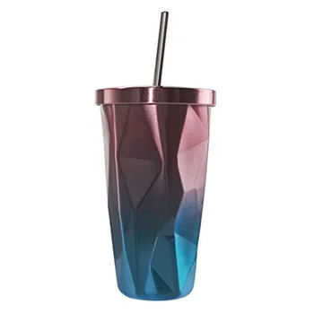 

Stainless Steel Tumbler with Straw - Hot and Cold Double Wall Drinking Cups Coffee Mugs 500ML Irregular Diamond with Lid (Pink +