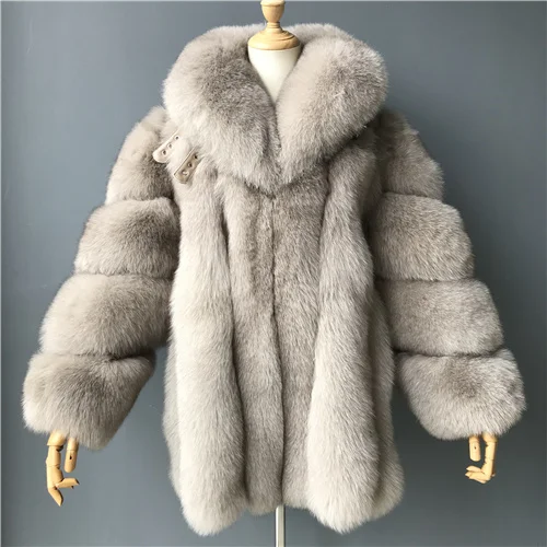 Beige Женское зимнее плотное меховое пальто, новая мода, отложной воротник, Лисий мех, пальто в полоску, женская куртка из натурального Лисьего меха - Цвет: Beige